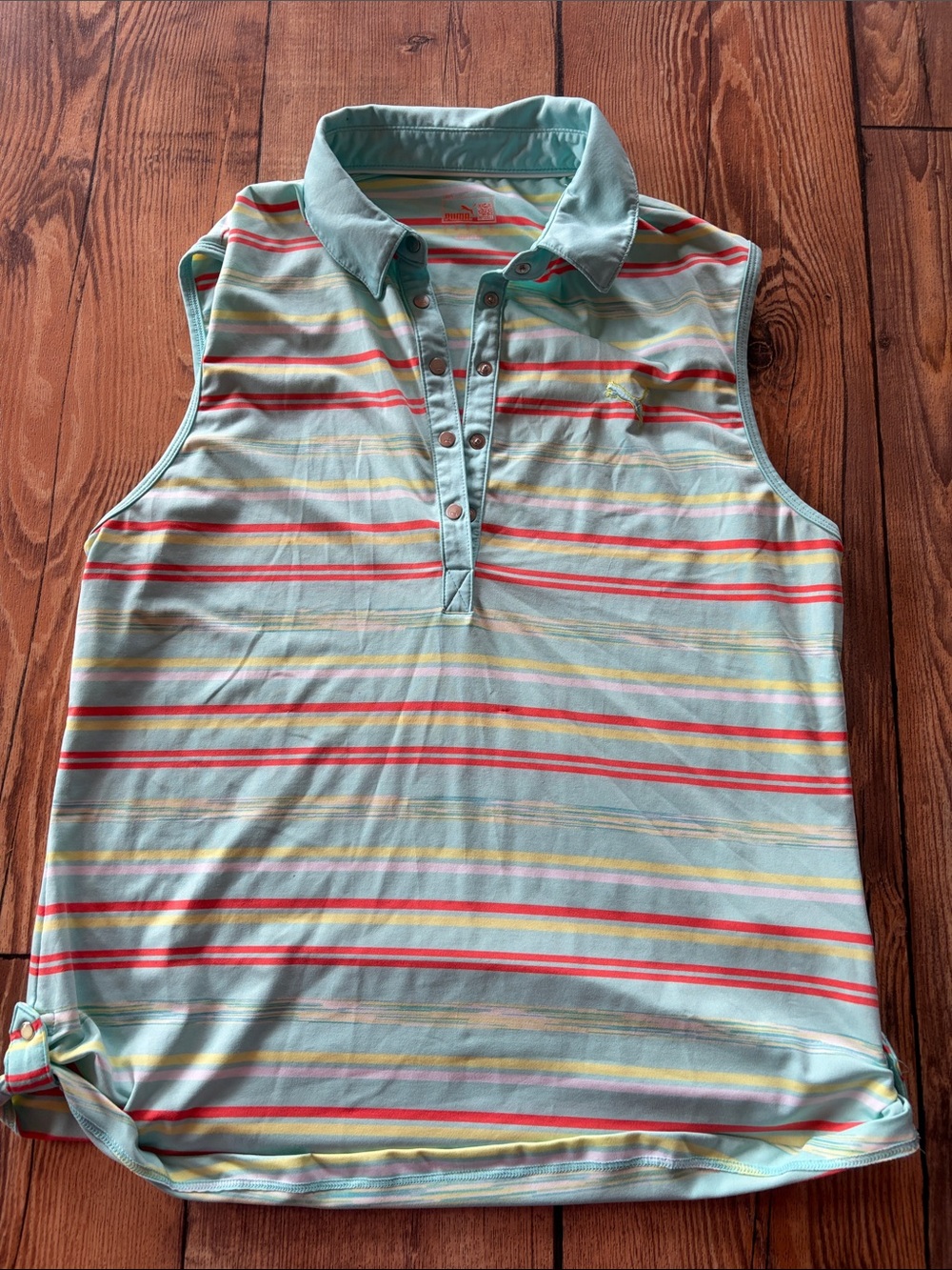 Puma Sleeveless Striped Golf Polo Top in Light Aqua with Coral & Yellow Stripes